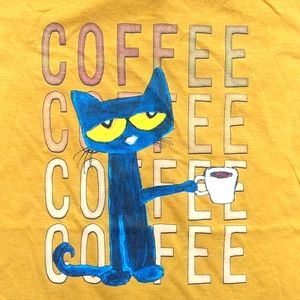 Graphic tee coffee T-shirt "blue sleepy cat coffee" mustard M